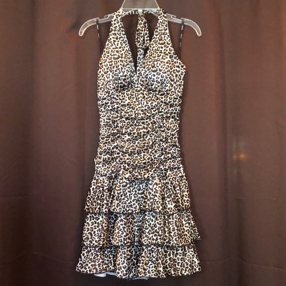XOXO Dresses & Skirts - XOXO ruffle tiered ruched leopard print halter style party dress Size Small NWT
